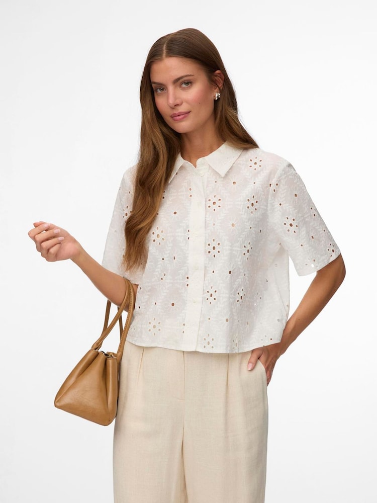 VERO MODA White Short Sleeve Broderie Shirt - Image 1 of 4