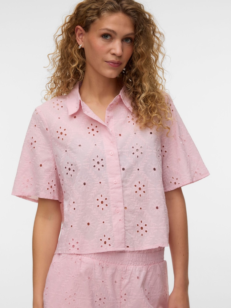 VERO MODA Pink Short Sleeve Broderie Shirt - Image 2 of 5