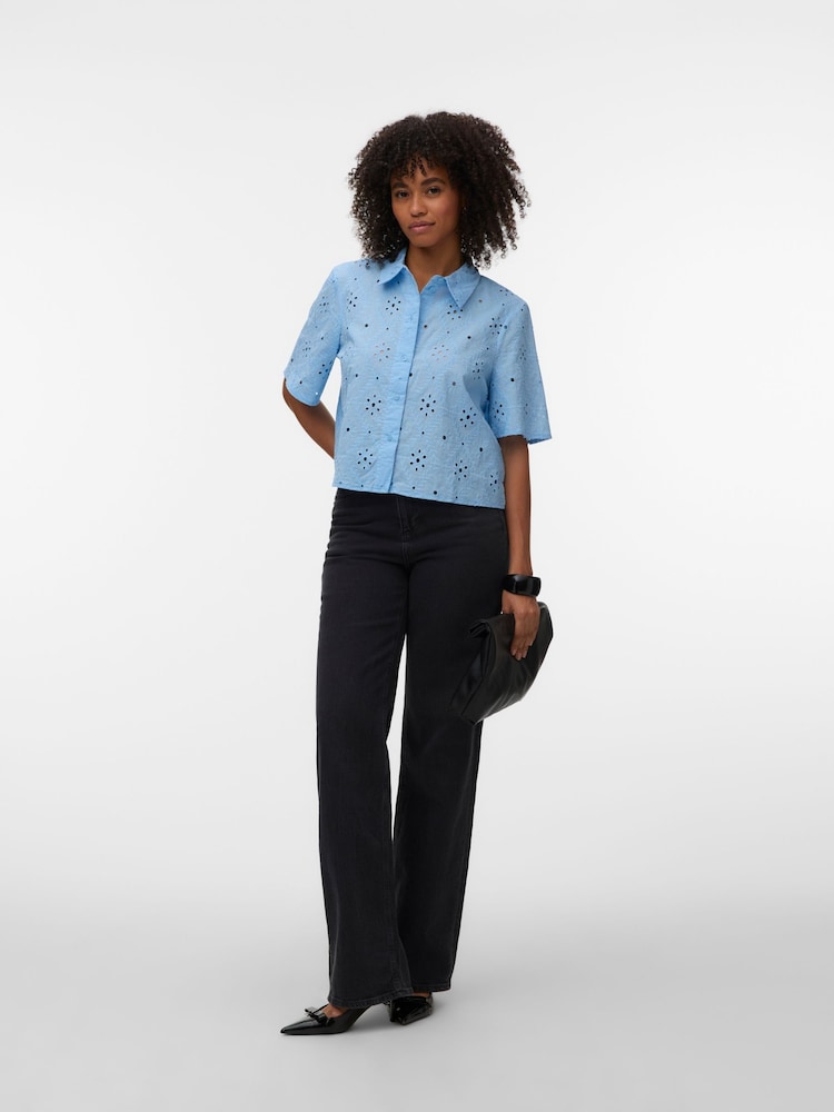VERO MODA Blue Short Sleeve Broderie Shirt - Image 1 of 5