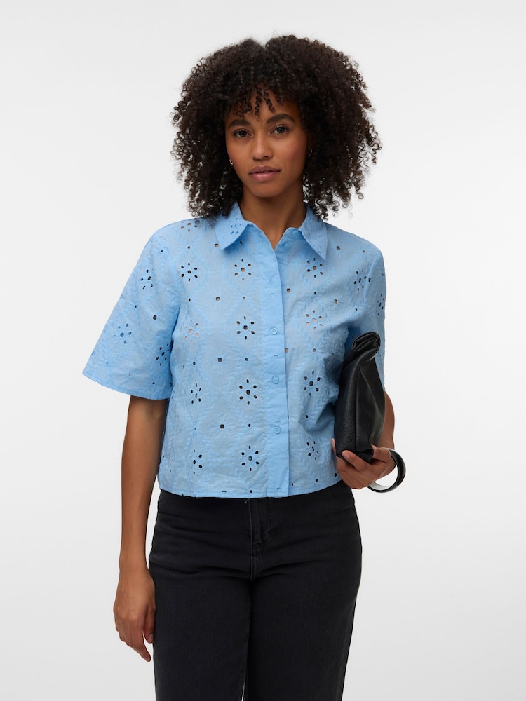 VERO MODA Blue Short Sleeve Broderie Shirt - Image 2 of 5