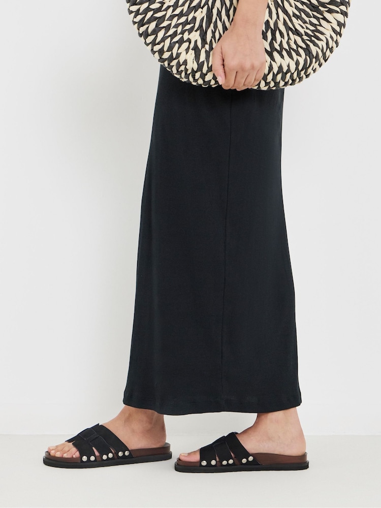 Simply Be Black Extra Wide Fit Wood Effect Suede Footbed Sandals - Image 1 of 4