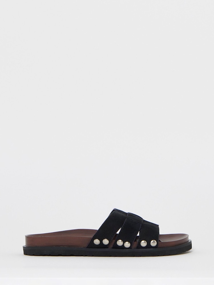 Simply Be Black Extra Wide Fit Wood Effect Suede Footbed Sandals - Image 2 of 4