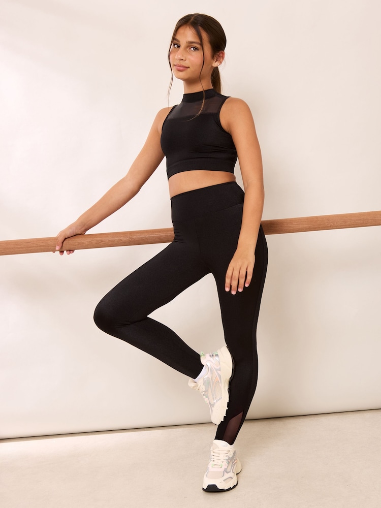 Lipsy Black Mesh Crop Top and Leggings Sport Set (5-14yrs) - Image 1 of 5