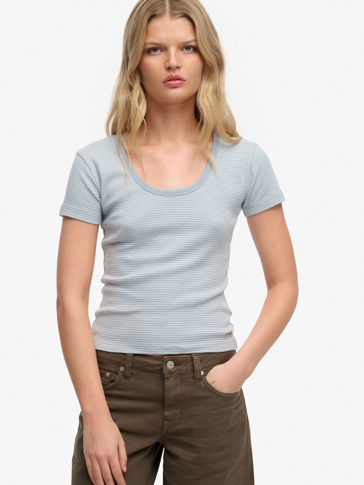 SUPERDRY Blue Athletic Essentials Striped Short Sleeve Top - Image 1 of 4 SUPERDRY Blue Athletic Essentials Striped Short Sleeve Top - Image 1 of 4