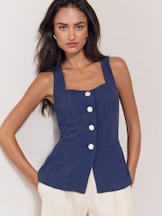 Lipsy Linen-Look Navy Blue Square Neck Waistcoat - Image 1 of 4
