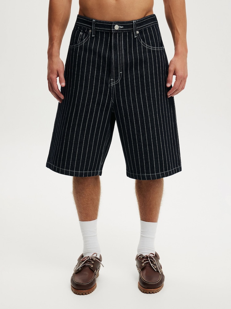 Cotton On Pinstripe Blue Super Baggy Jort Shorts - Image 1 of 8