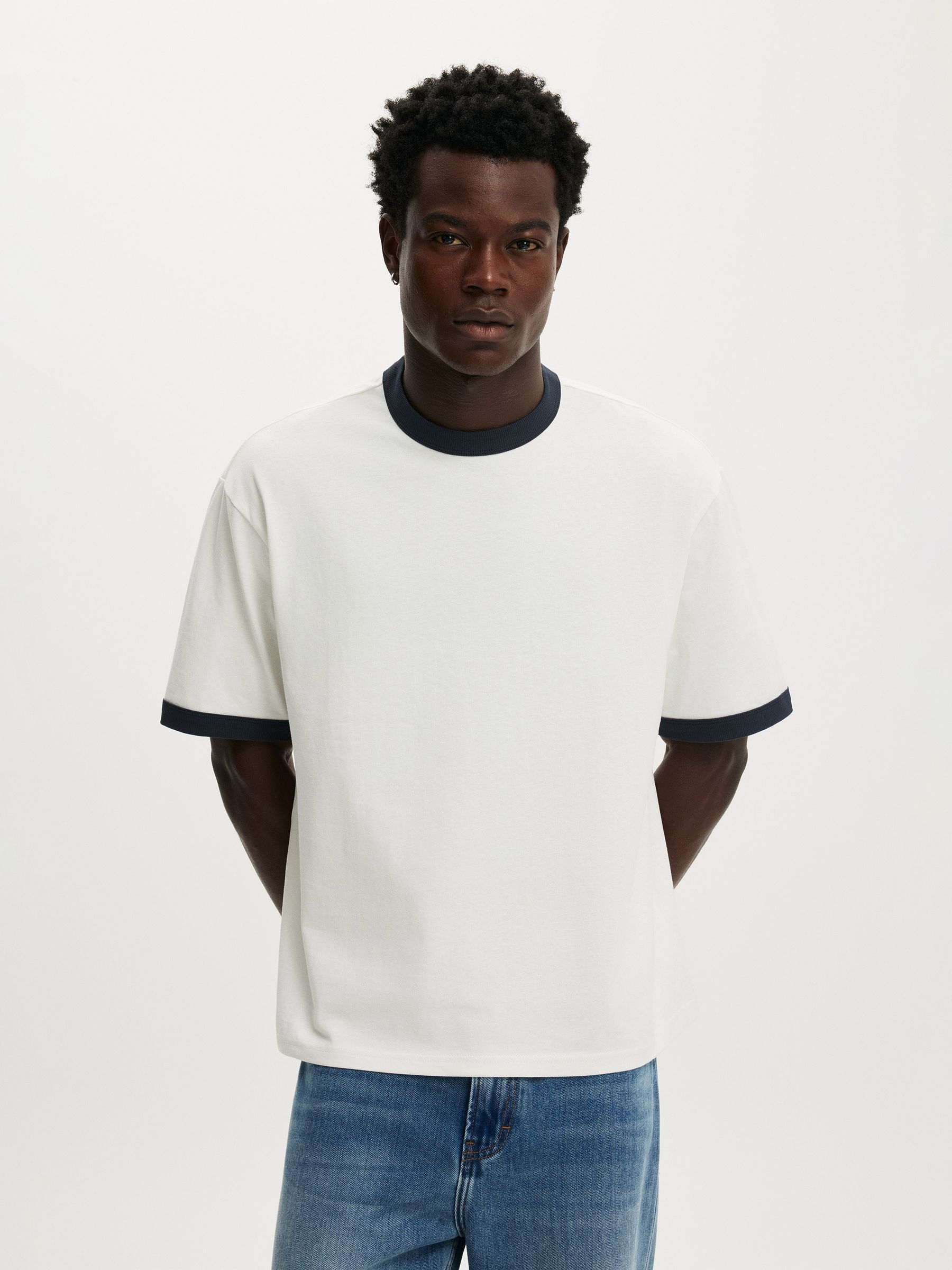 Buy Cotton On Vintage White/True Navy Ringer Cropped Fit T-Shirt