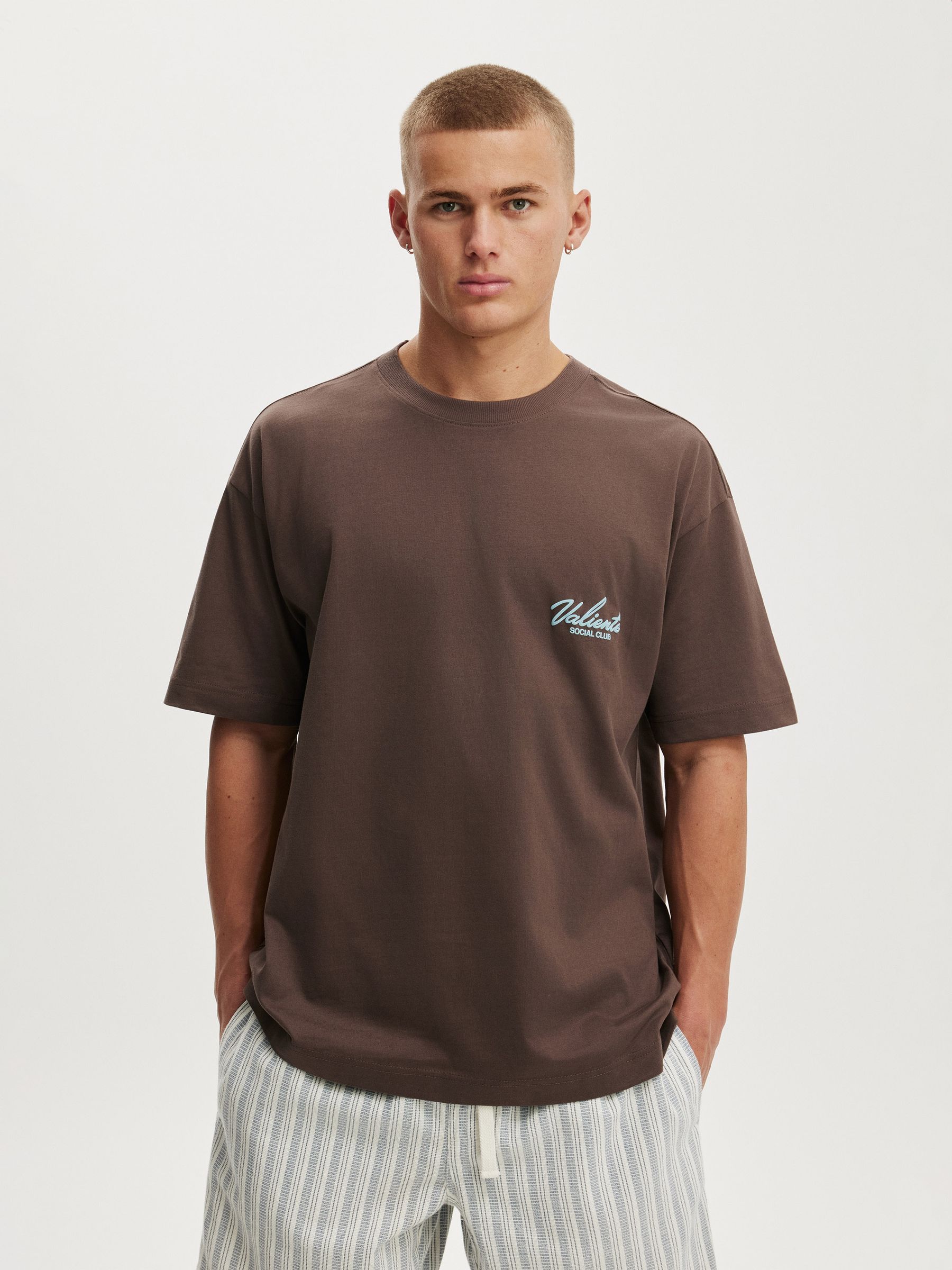 Buy Cotton On Washed Chocolate/Valiente Club Box Fit Text T-Shirt