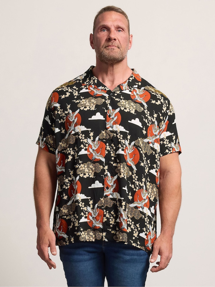 BadRhino Big & Tall Black Crane Japanese All Over Print Shirt - Image 1 of 4