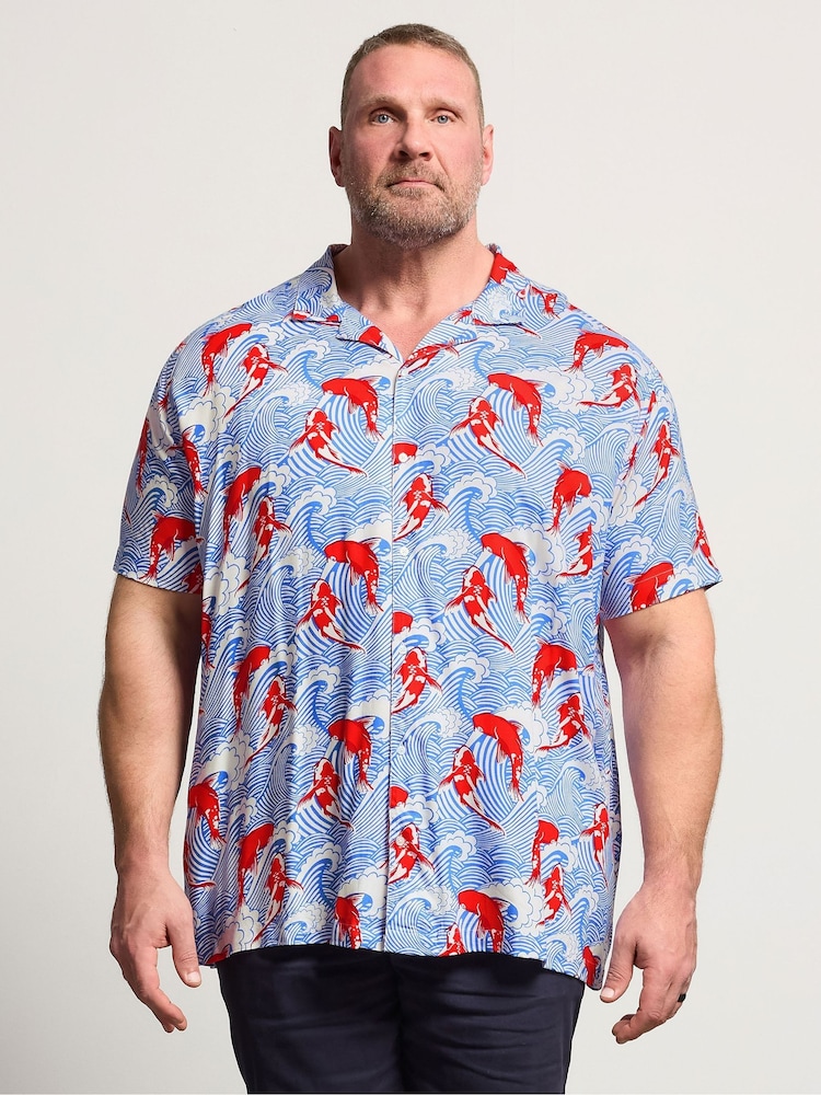 BadRhino Big & Tall Blue Koi Printed Viscose Shirt - Image 1 of 4 BadRhino Big & Tall Blue Koi Printed Viscose Shirt - Image 1 of 4
