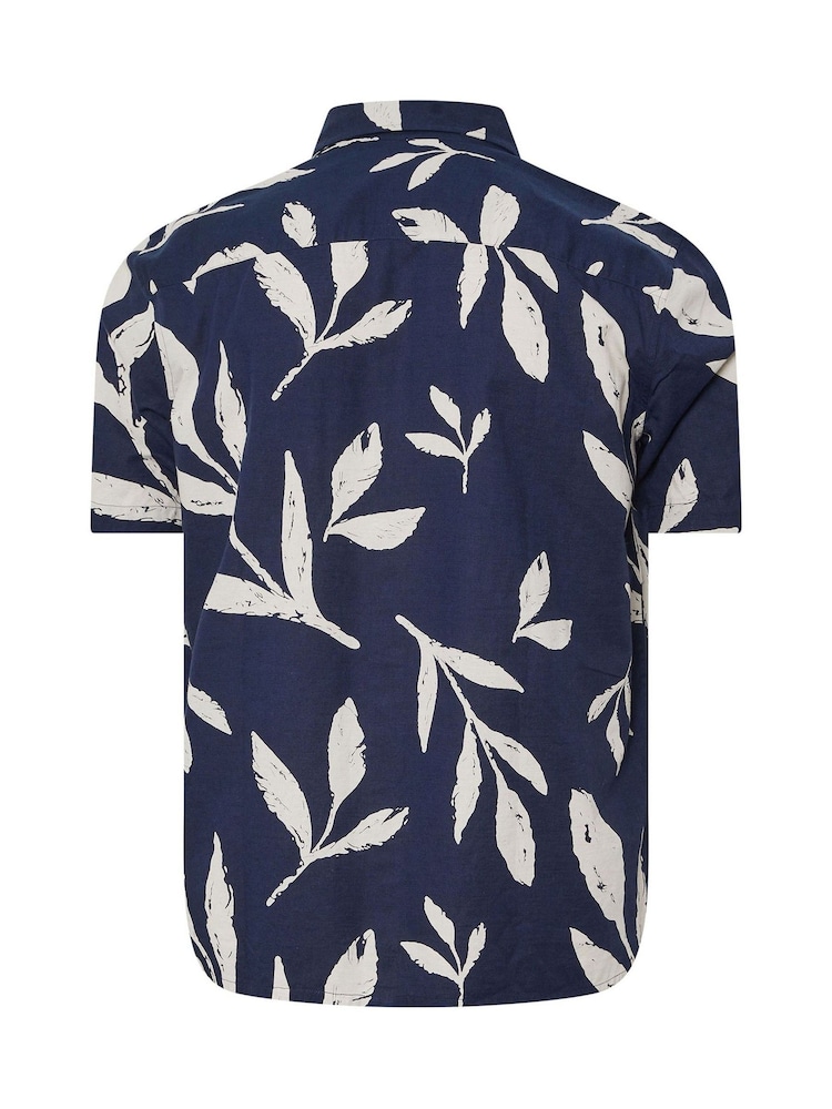 BadRhino Big & Tall Navy Blue Palm Leaf Print Linen Shirt - Image 6 of 6