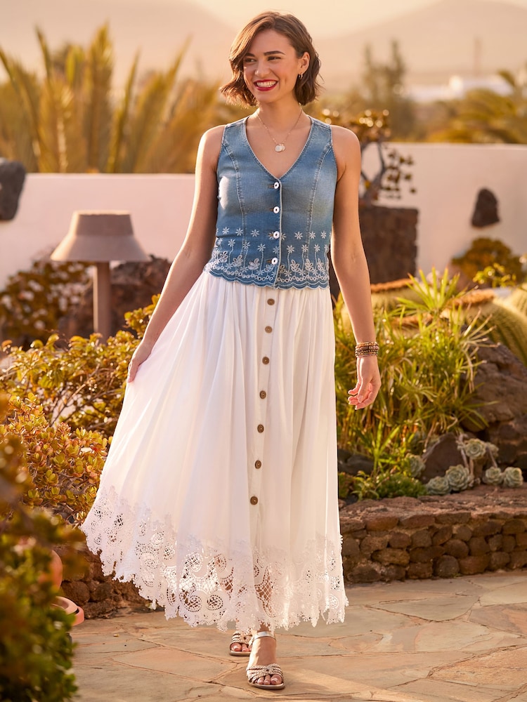 Joe Browns White Beautiful Button Front Lace Trim Skirt - Image 1 of 6