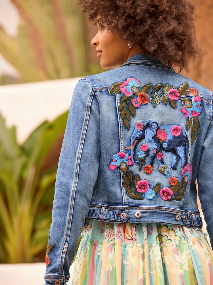 Joe Browns Blue Enchanting Embroidered Elephant Denim Jacket - Image 2 of 6