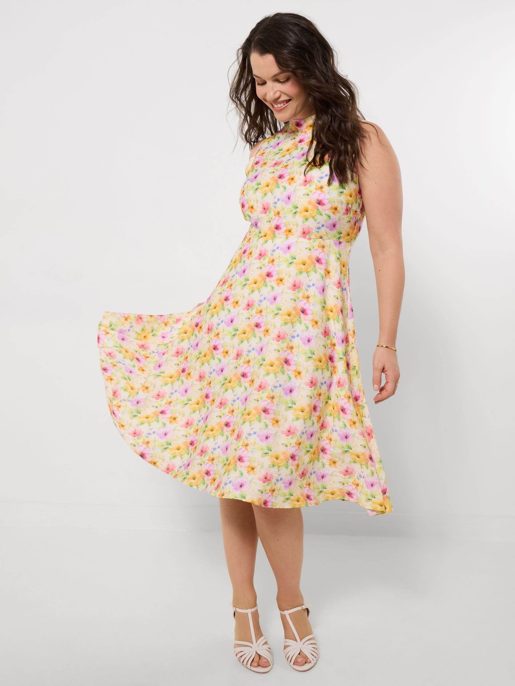 Joe Browns Women's Cream Sleeveless Dress With High Neck, Floral Print And Zip Back In Size 20 - Image 2