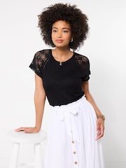 Joe Browns Black Suzie Lace Sleeve T-Shirt - Image 1 of 5