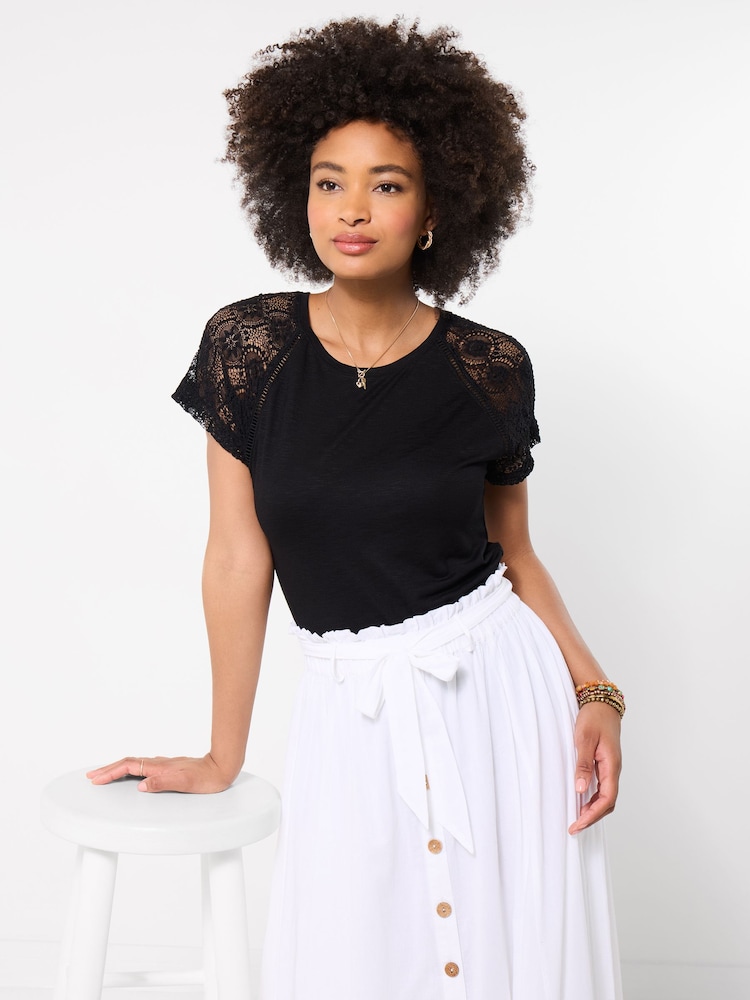 Joe Browns Black Suzie Lace Sleeve T-Shirt - Image 1 of 5 Joe Browns Black Suzie Lace Sleeve T-Shirt - Image 1 of 5