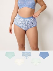 Yours Curve Blue Silhouette Leaf Print Full Briefs 5 Pack - Image 1 of 9