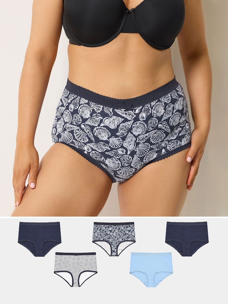 Yours Curve Blue Seaside Print Full Briefs 5 Pack - Image 1 of 9 Yours Curve Blue Seaside Print Full Briefs 5 Pack - Image 1 of 9