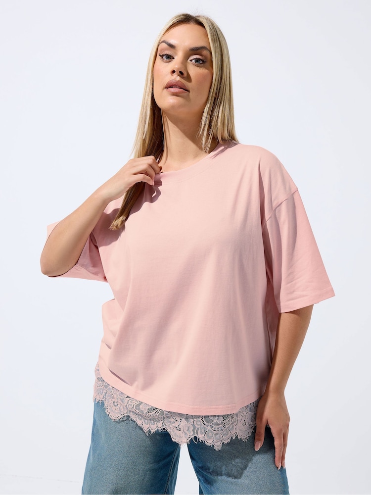 Yours Curve Pink Limited Lace Hem Top - Image 1 of 5 Yours Curve Pink Limited Lace Hem Top - Image 1 of 5