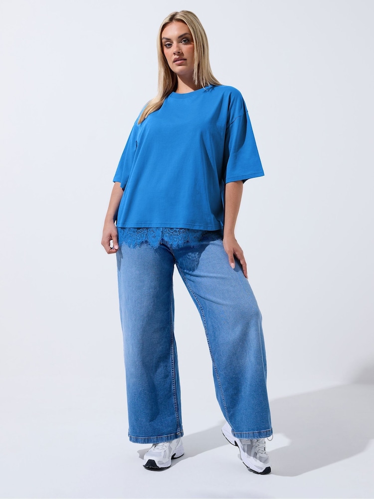 Yours Curve Blue Limited Lace Hem Top - Image 2 of 5 Yours Curve Blue Limited Lace Hem Top - Image 2 of 5