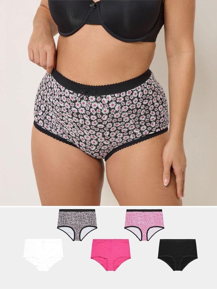 Yours Curve Pink Daisy Print 5 Pack Full Briefs - Image 1 of 10