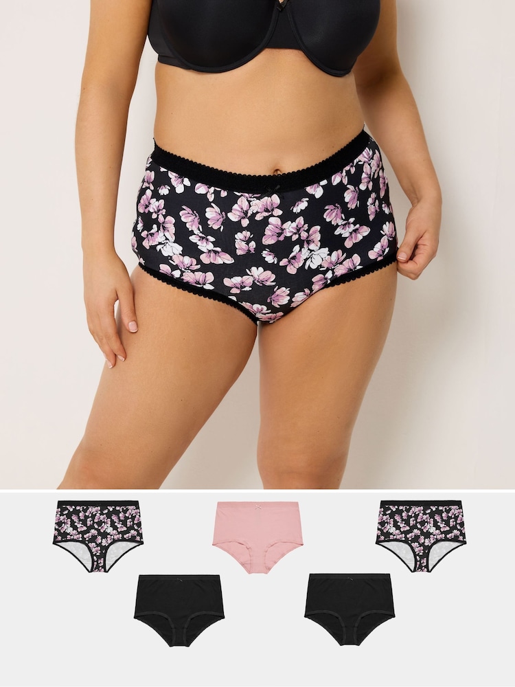 Yours Curve Pink Inky Floral Print 5 Pack Full Briefs - Image 1 of 9