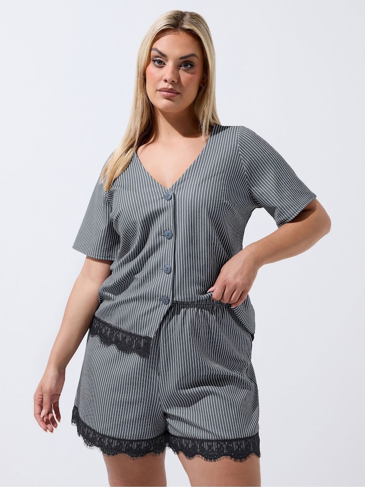 Yours Curve Grey Limited Pinstripe Lace Shorts - Image 2 of 5 Yours Curve Grey Limited Pinstripe Lace Shorts - Image 2 of 5