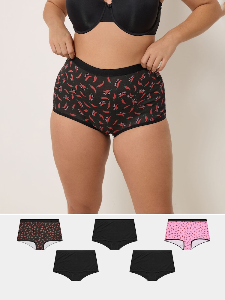 Yours Curve Black Hot Stuff Chillies Briefs 5 Pack - Image 1 of 10