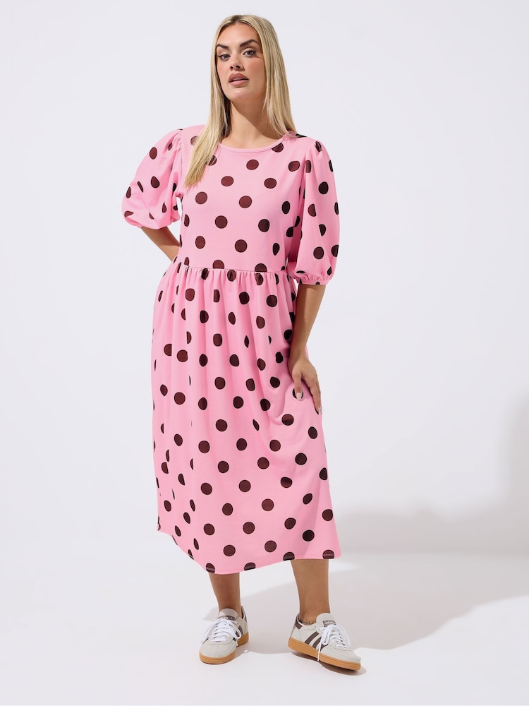 Yours Curve Pink Limited Polka Dot Dress - Image 1 of 5 Yours Curve Pink Limited Polka Dot Dress - Image 1 of 5