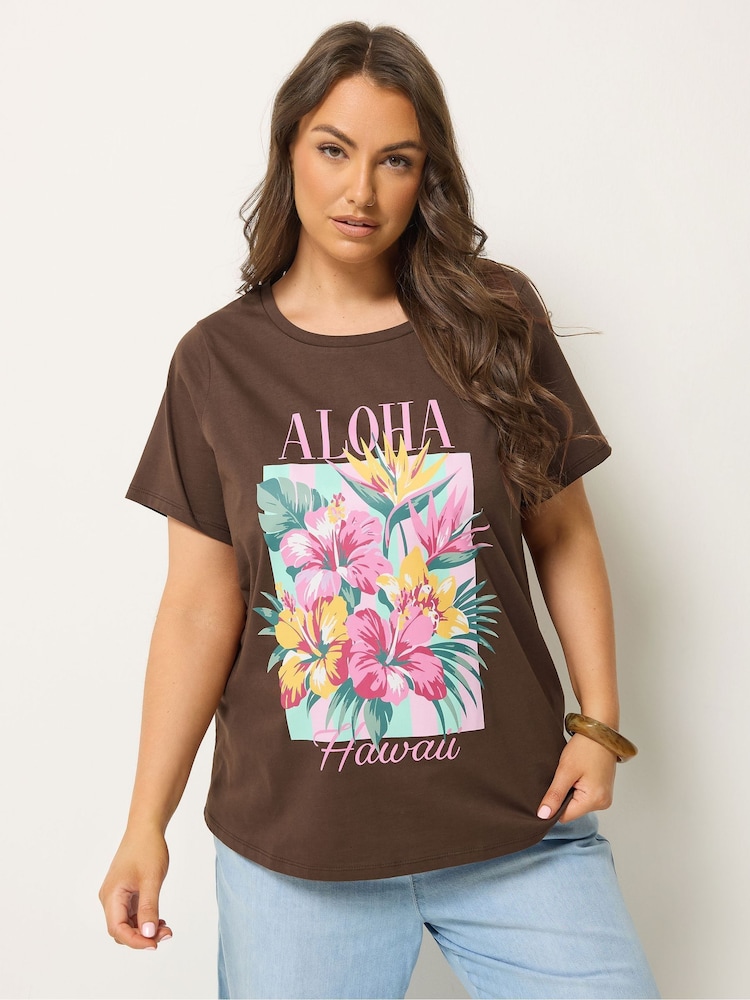 Yours Curve Brown Aloha Placement T-Shirt - Image 1 of 5 Yours Curve Brown Aloha Placement T-Shirt - Image 1 of 5