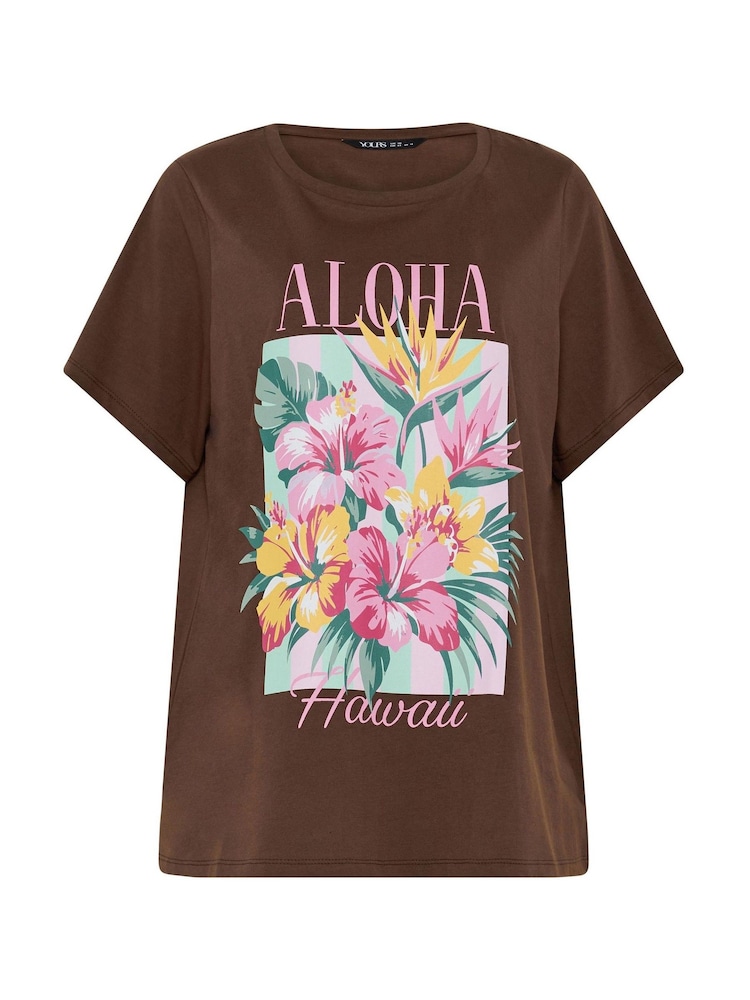 Yours Curve Brown Aloha Placement T-Shirt - Image 5 of 5 Yours Curve Brown Aloha Placement T-Shirt - Image 5 of 5