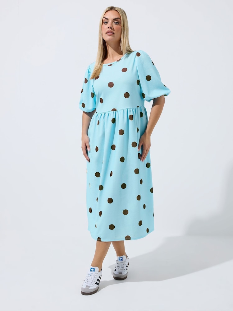 Yours Curve Blue Limited Polka Dot Dress - Image 1 of 5 Yours Curve Blue Limited Polka Dot Dress - Image 1 of 5