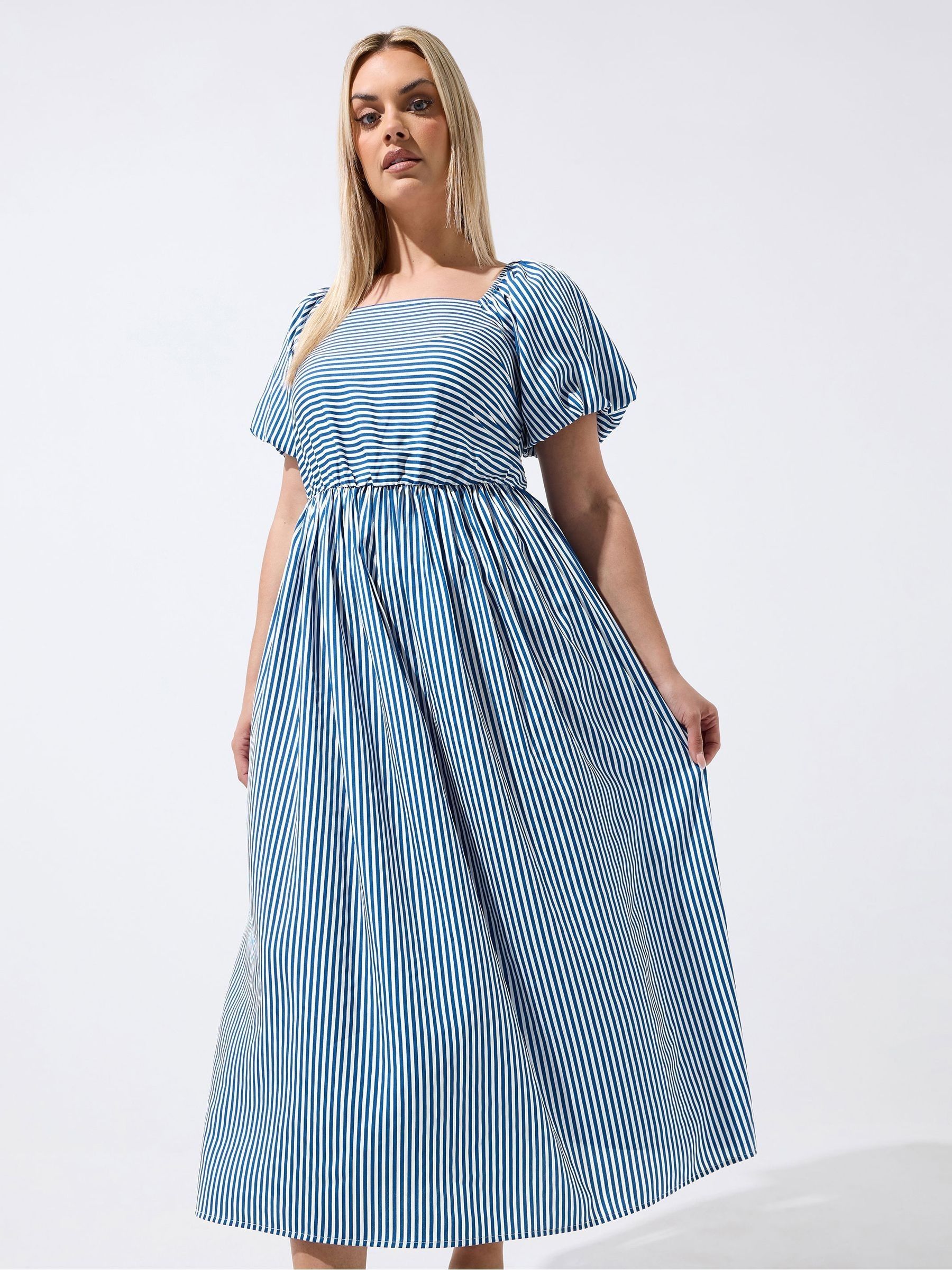 Yours Curve Women's Blue Limited Stripe Puff Sleeve Dress
