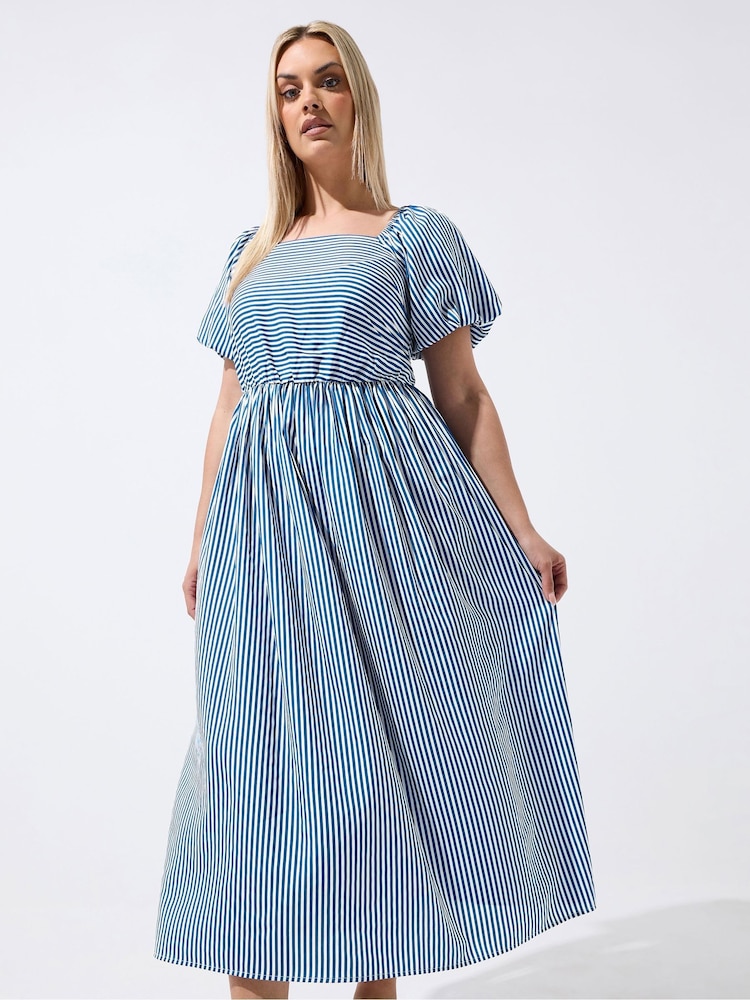 Yours Curve Blue Limited Stripe Puff Sleeve Dress - Image 1 of 5 Yours Curve Blue Limited Stripe Puff Sleeve Dress - Image 1 of 5