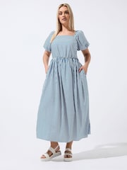 Yours Curve Blue Limited Stripe Puff Sleeve Dress - Image 2 of 5