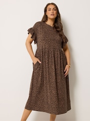 Yours Curve Brown Frill Sleeve Midaxi Dress - Image 1 of 5