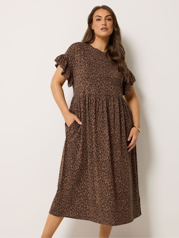 Yours Curve Brown Frill Sleeve Midaxi Dress - Image 1 of 5