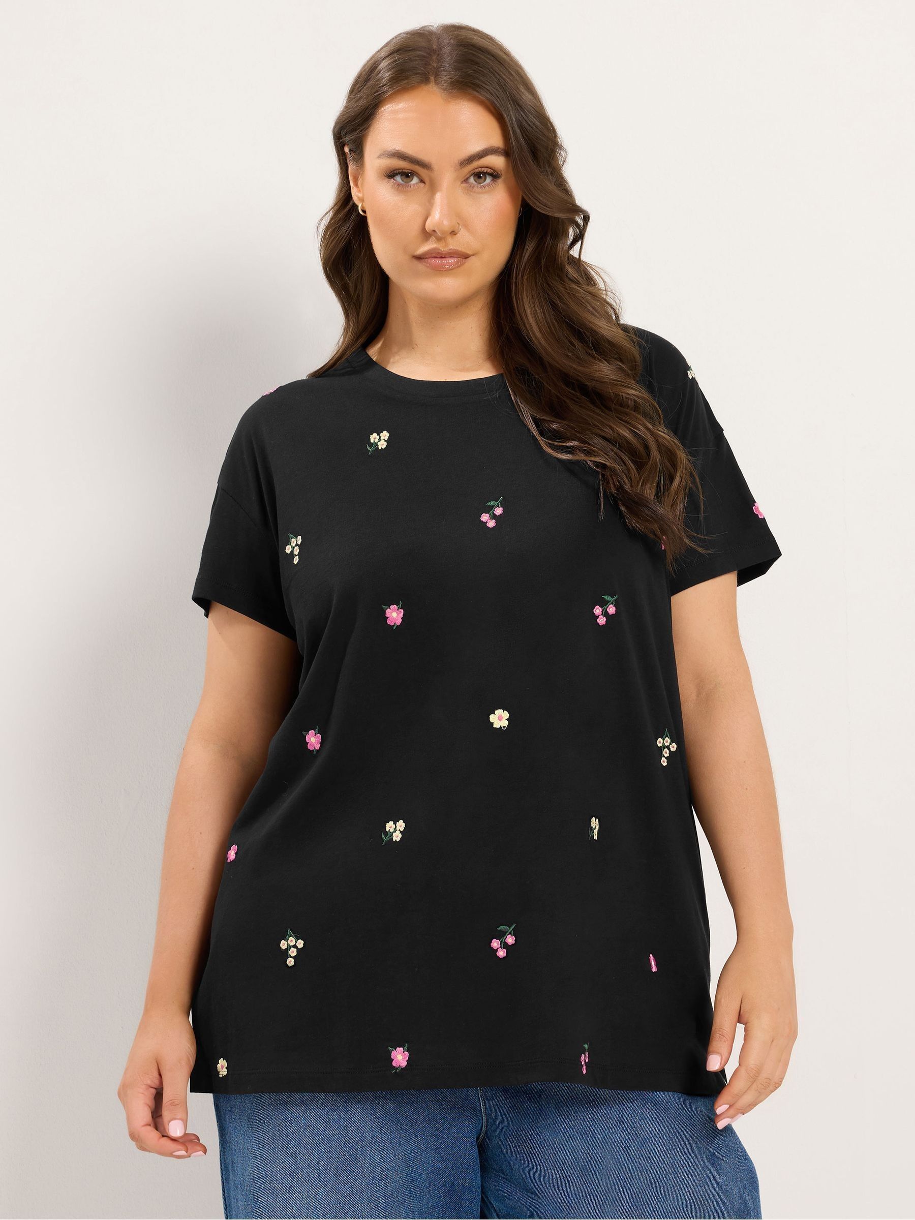 Yours Curve Women's Black Embroidered Flower T-Shirt