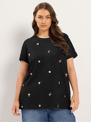 Yours Curve Black All Over Print Embroidery Blossom T-Shirt - Image 1 of 5