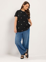 Yours Curve Black All Over Print Embroidery Blossom T-Shirt - Image 2 of 5