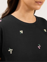 Yours Curve Black All Over Print Embroidery Blossom T-Shirt - Image 4 of 5