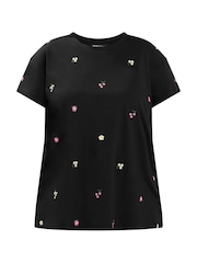 Yours Curve Black All Over Print Embroidery Blossom T-Shirt - Image 5 of 5