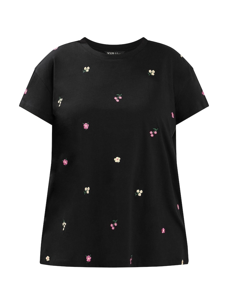 Yours Curve Black All Over Print Embroidery Blossom T-Shirt - Image 5 of 5 Yours Curve Black All Over Print Embroidery Blossom T-Shirt - Image 5 of 5