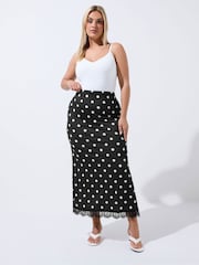 Yours Curve Black Limited Polka Dot Lace Hem Maxi Skirt - Image 1 of 5