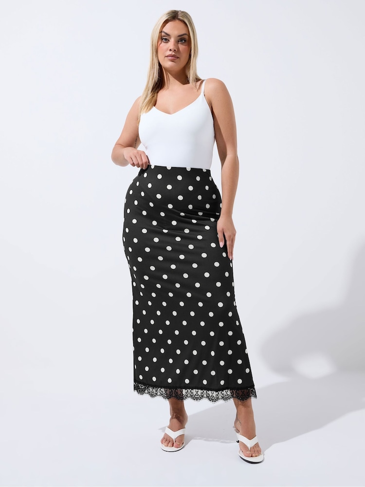 Yours Curve Black Limited Polka Dot Lace Hem Maxi Skirt - Image 1 of 5 Yours Curve Black Limited Polka Dot Lace Hem Maxi Skirt - Image 1 of 5