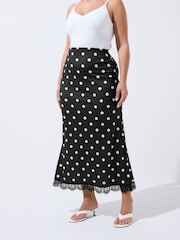 Yours Curve Black Limited Polka Dot Lace Hem Maxi Skirt - Image 2 of 5