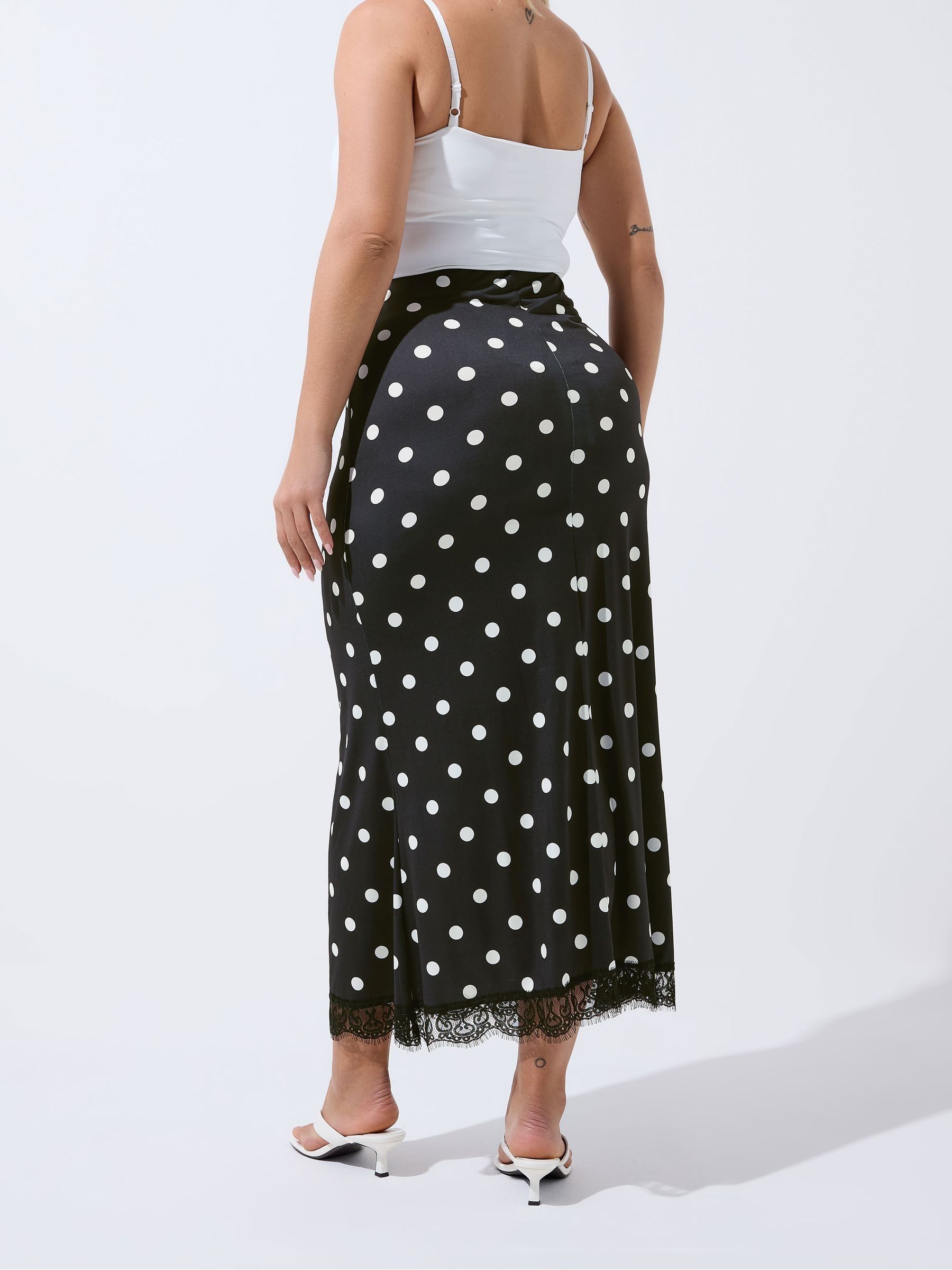 Buy Yours Curve Black Limited Polka Dot Lace Hem Maxi Skirt from