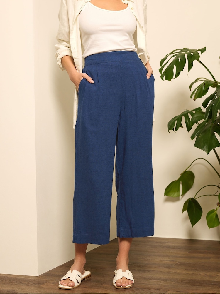 M&Co Blue Cropped Wide Leg Linen Trousers - Image 1 of 9