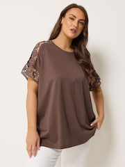 Yours Curve Light Brown Boxy Crochet T-Shirt - Image 1 of 5
