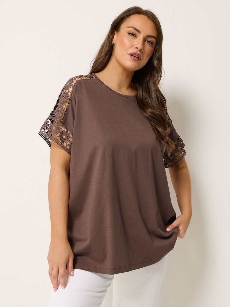 Yours Curve Light Brown Boxy Crochet T-Shirt - Image 1 of 5